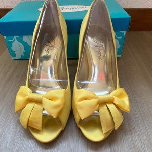 Satin Canary Yellow Peep Toe Heel